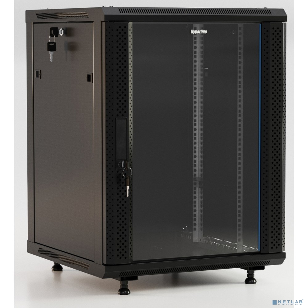 Hyperline TWB-FC-2266-SR-RAL9004 Шкаф настенный 19-дюймовый (19"), 22U, 1086x 600х 600мм, металлическая передняя дверь с замком, две боковые панели, с возможностью установки на ножки, цвет черный