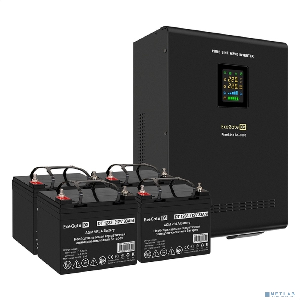 Exegate EX296633RUS Комплект ИБП EX296003RUS + батарея 33Ач EX282974RUS 4шт (инвертор, синус, для котла, настенный) FineSine SX-3000.LCD.AVR.2SH.T <3000VA/2100W, чистая синусоида, цветной LCD-дисплей,