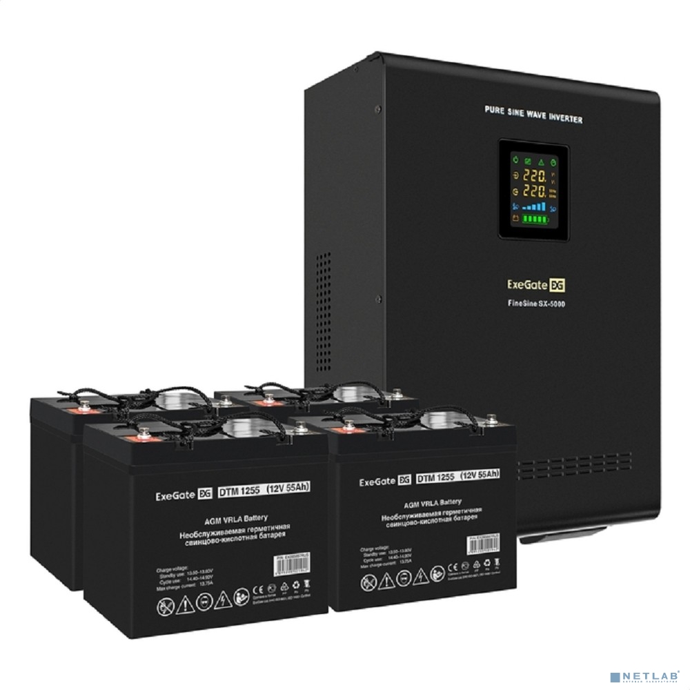 Exegate EX296661RUS Комплект ИБП EX296004RUS + батарея 55Ач EX285667RUS 4шт (инвертор, синус, для котла, настенный) FineSine SX-5000.LCD.AVR.2SH.T <5000VA/3500W, чистая синусоида, цветной LCD-дисплей,