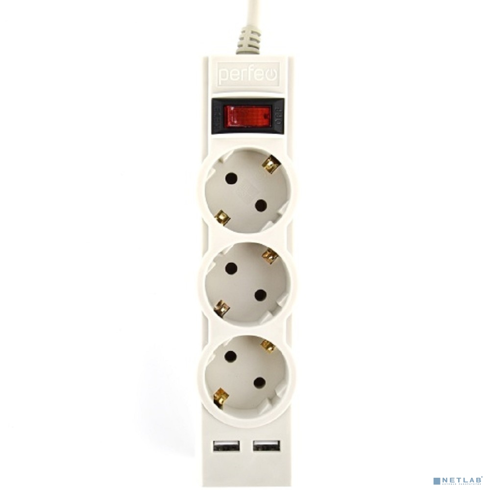 Perfeo сетевой фильтр "POWER-S", 5,0м, 3 розетки 10А, 2USB, 2500 Вт, двойная защита, серый.
